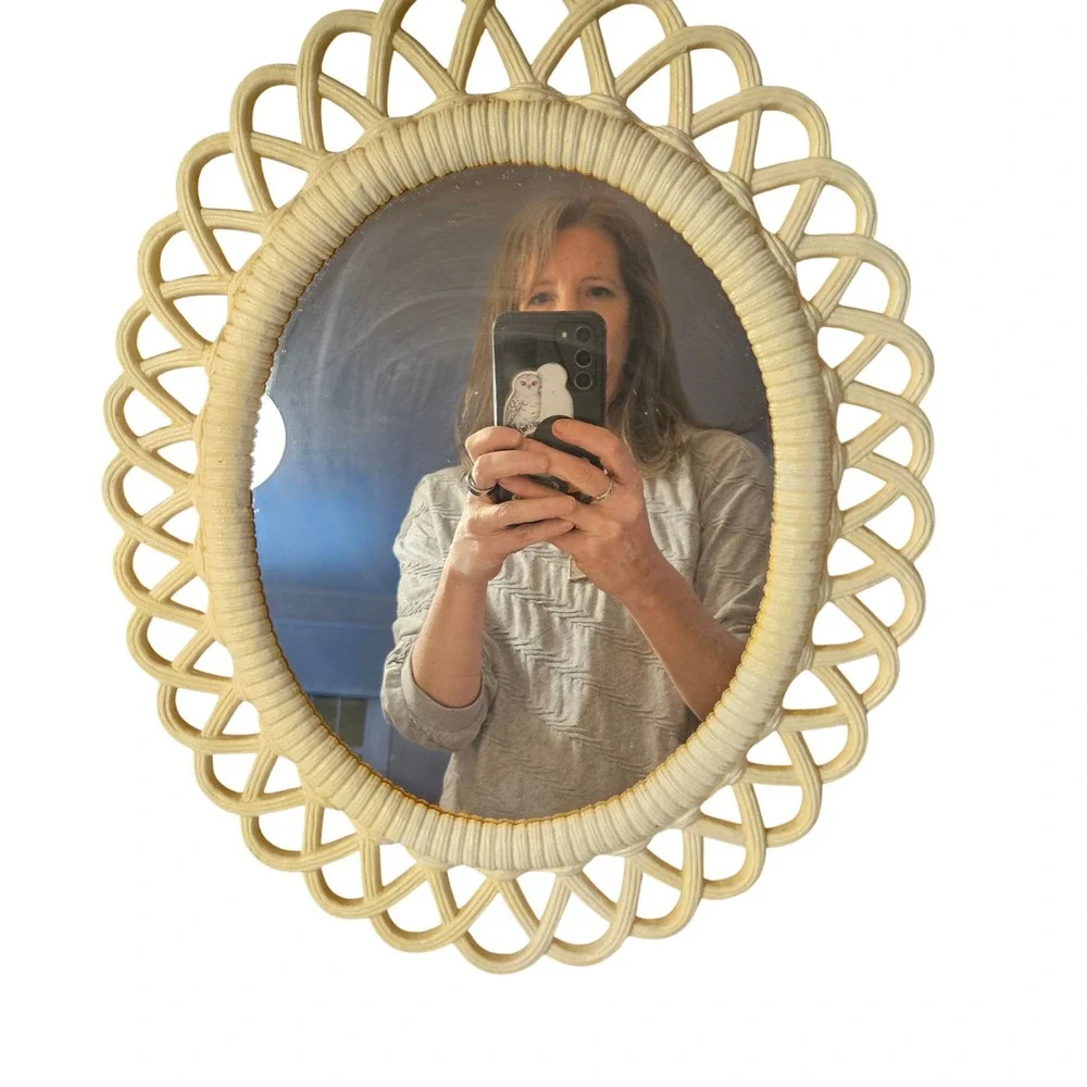 Vintage Cream Oval Burwood Plastic Mirror Decorative Vanity Tabletop Cottage